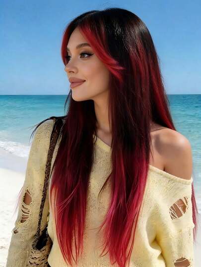 24 Inch Layered Auburn Synthetic Wig, Soft Heat Resistant Hair With Natural Bangs For Daily Wear