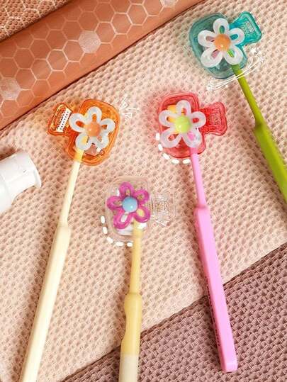 多巴胺牙刷收纳夹及卡通保护盖套装 - 4 款亮丽色彩旅行牙刷套，带透气孔，适合居家、宿舍及外出使用，饰以卡通半透明镂空五瓣花 | 可爱牙刷头收纳盒，适用于浴室整理、大学必备、家庭旅行及返校季 | 塑料卫生牙刷盒，防水防尘收纳盒（红/蓝/白/绿）