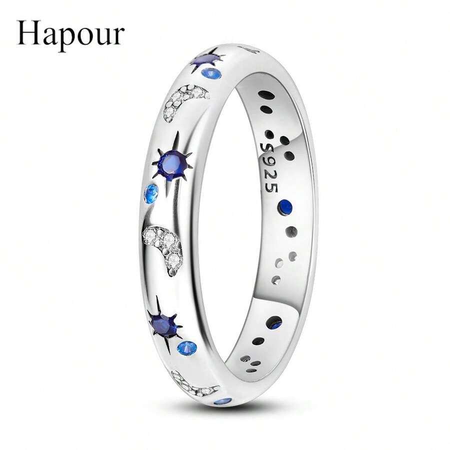 925 Sterling Silver Shining Star & Moon Ring, Women's Wedding Ring, Engagement Jewelry, Anniversary Gift - Silver - View 1