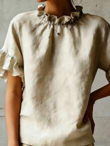 Women's Casual Homewear, Fashionable Solid Color Minimalist Design, Ruffle Hem, Faux Linen Back Slit, Faux Pearl Button Details, Dropped Shoulder Blouse, Women's Resort Wear, Summer, Women's Spring, Ladies Apparel, Elegant Shirt, Summer Tops - Apricot - View 9