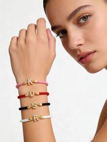 1件时尚创意铜锆石可调节字母手链，26个A-Z英文字母姓氏饰品，节日礼物，男女皆宜 - 彩色 - 查看 3