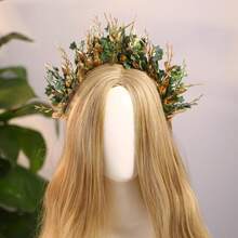 Handmade Woodland Halo Crown - Forest Headband Flower Hairband Goddess Floral Crown For Women S Cosplay Party Renaissance Carnival Wedding Photo Shoot Gold Green - Green - View 5