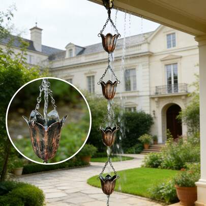 Rain Chain Tulip Design, Antique Copper Finish, Decorative Rain Diverter For Gutters, Japanese-Style Rainwater Chain For Garden, Patio, And Home Exterior