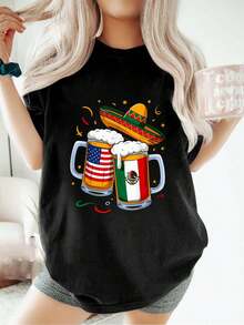Camiseta de cerveza Cinco de Mayo, EE. UU., México, moda, holgada, informal, deportiva, de verano, cuello redondo, manga corta, para mujer - Negro - Ver 1
