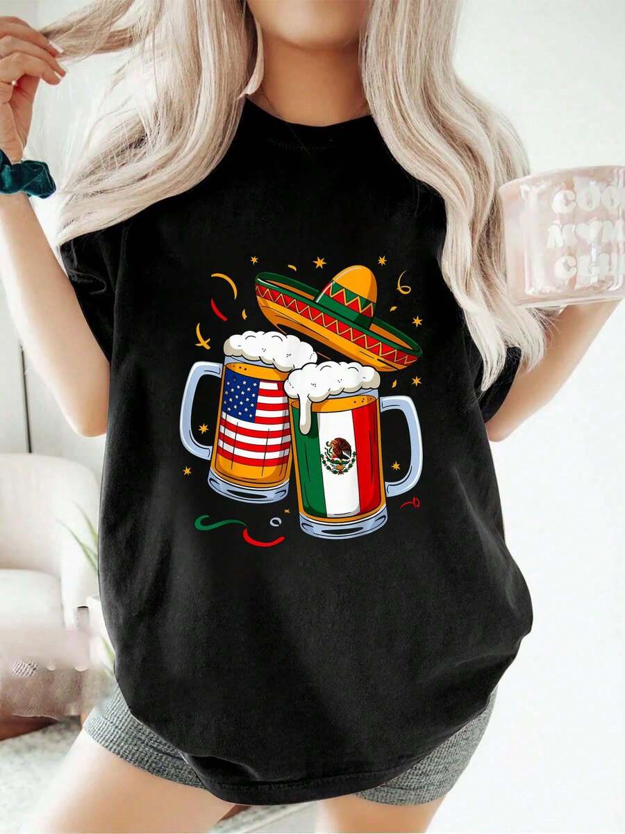 Camiseta de cerveza Cinco de Mayo, EE. UU., México, moda, holgada, informal, deportiva, de verano, cuello redondo, manga corta, para mujer - Negro - Ver 1
