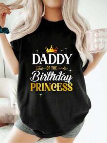 Camiseta de manga corta con cuello redondo para mujer, ideal para el Día de la Madre, el Día del Padre, el Cumpleaños, la Princesa, la Niña y la Fiesta a Juego, para la Familia, a la Moda, Suelta, Informal, Deportiva, de Verano - Negro - Ver 1