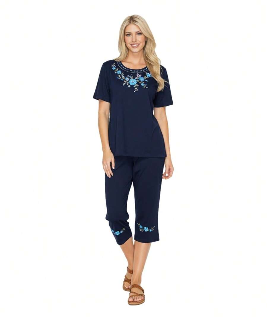 Women Short Sleeves Embroidered Cotton Blend Lounge Wear Sets - 海軍 - 查看 1