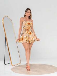 Basic Printed Romper With Padded Cups Duna Premium Sizes P, M, G, And GG - Beige Floral - View 2