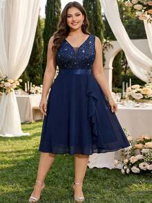 Plus Deep V-Neck Sequin Lace Contrast Ruffle Hem Chiffon Formal Evening Party Swing Dress, Summer Dress, For Birthday, Graduation, Dinner - Navy Blue - View 2