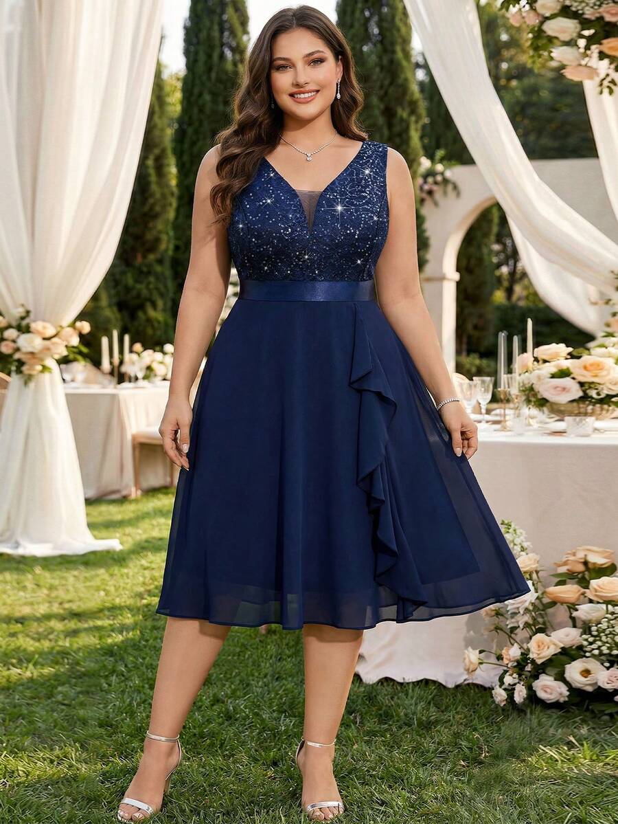 Plus Deep V-Neck Sequin Lace Contrast Ruffle Hem Chiffon Formal Evening Party Swing Dress, Summer Dress, For Birthday, Graduation, Dinner