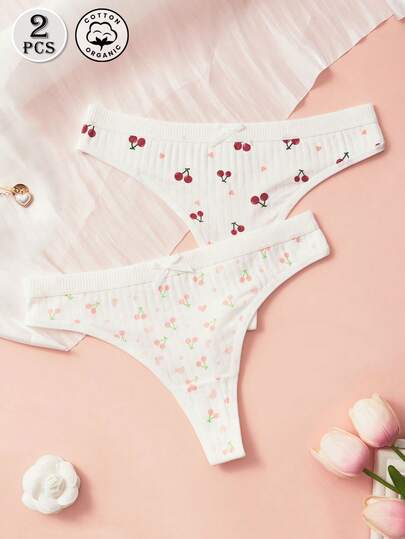 2pcs Cotton Cute & Sexy Women's Thong Panties, Breathable Lingerie With Red & Pink Cherry Patterns, Bow Decor Elegant Ladies Underwear, Sexy Intimates Suitable For Dates, Daily Wear, Holidays, All Seasons