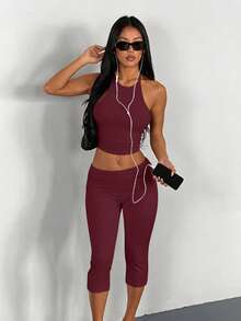 AITYI Studio 女士套装，修身休闲纯色吊带露背设计，时尚性感修身，Y2K 街头风通勤居家百搭，适合海滩派对、乡村度假等场合，也适合毕业典礼、狂欢节、复活节、音乐节等夏季穿着。吊带背心搭配七分裤针织两件套。 - 酒紅色 - 查看 7