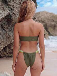 女士全新时尚性感无肩带比基尼套装，拼色拼接比基尼套装夏季海滩 - 軍綠色 - 查看 3