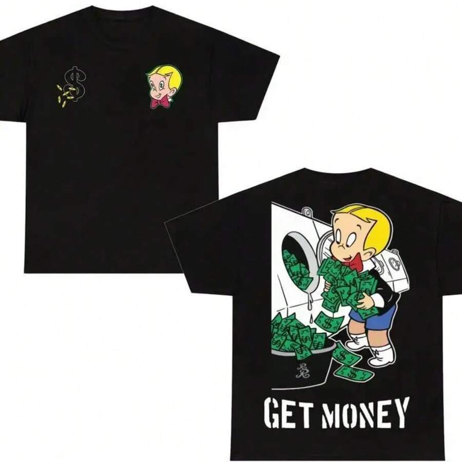 Funny Richie Rich Get Money T-Shirt, Cartoon Money Laundering Tee, Retro Wealthy Graphic Shirt, Meme Streetwear, Richie Rich Shirts, Mens Womenswear Top Pure Cotton Short Sleeve T-Shirt Casual Breathable - 黑色 - 查看 1