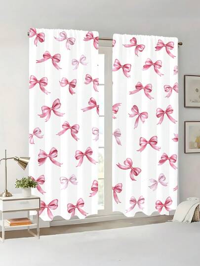 2 pezzi Tende semi-oscuranti con motivo a fiocco rosa, design senza necessità di foratura, con passanti per asta, stile carino per soggiorno, cucina, decorazione della casa, divisorio per ambienti, realizzate in poliestere, lavabili in lavatrice