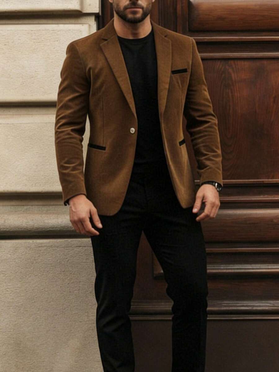 Blazer casual de pana para hombre, adecuado para ocasiones importantes, citas y regalo para el novio, primavera/otoño - Caqui - Ver 1