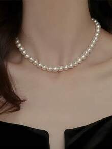 1pc French Luxury Faux Pearl Necklace, Elegant Versatile Choker Necklace, Fashion Layered Sweater Chain Accessory - Multicolor - View 2