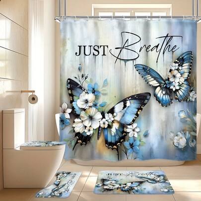 1/4件套 - 蝴蝶花卉浴帘套装，复古蓝色蝴蝶玫瑰花油画质感艺术防水浴帘，带12个挂钩，浴室防滑地垫，U型马桶垫，盖垫，家居装饰礼品