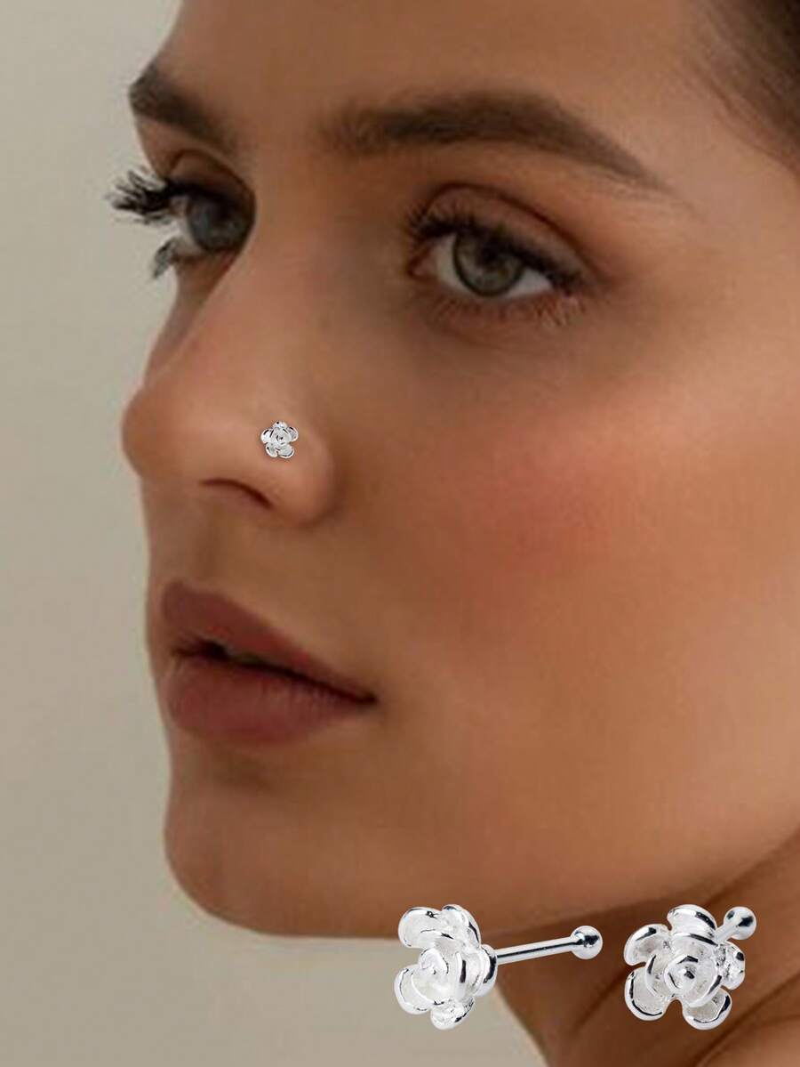 1件S925纯银鼻钉，简约甜美玫瑰设计鼻环，优雅的身体穿刺饰品，送给她的礼物 - 單隻銀色 - 查看 1