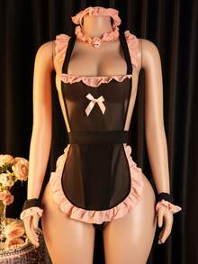 Sexy Sheer Maid Costume Set, Including Headband, Bell Collar, T-String, Maid Dress And Wristband - Black - View 2