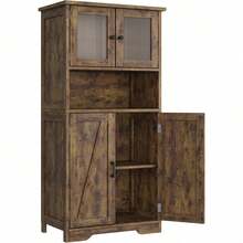 Armarios de almacenamiento de madera altos de 50,4 pulgadas con puertas de vidrio, estantes ajustables, compartimiento abierto, gabinete de almacenamiento de entrada independiente para baño, cocina o sala de estar, marrón rústico - Marrón rústico - Ver 3