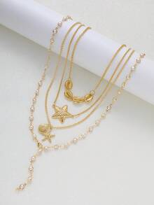 2件套时尚简约优雅仿珍珠海星贝壳吊坠Y型项链套装，适合女性度假、派对、生日、日常佩戴 - 金黃色 - 查看 5