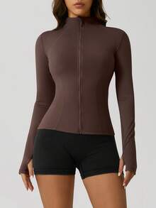 1pc Women's Fishbone Line Black Sports Jacket, Elastic Fitted Yoga Coat - Coffee Brown - View 5