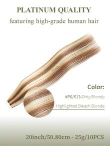DNE HAIR 10件組 100% 真人髮 無縫隱形接髮片，14-22英吋長，#P6/613 淺棕色挑染金髮 直髮，絲滑無縫，頂級品質，髮尾厚實，適合細髮，適合女性日常使用與美髮沙龍 - S6/613 - 查看 13