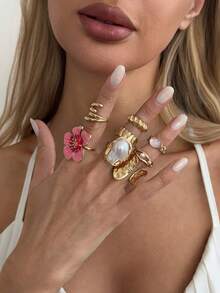 Set de 8 piezas de anillos apilables de metal con flores irregulares, incrustaciones de perlas falsas y diseño geométrico exagerado en estilo bohemio elegante. Joyería lujosa para bodas, fiestas, días festivos, uso casual diario, fotos callejeras, regalo unisex. - anillo - Ver 3