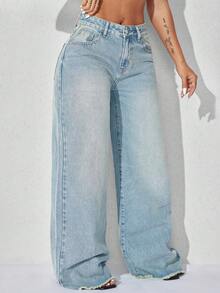 女士低腰阔腿休闲蓝色牛仔裤，带斜插口袋 - 淺藍色 - 查看 3