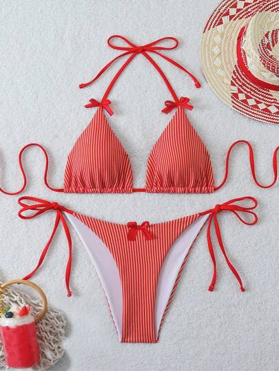 新款条纹针织提花特殊面料可爱性感蝴蝶结比基尼套装，适合派对、拍照、休闲、海滩等各种场合，四季皆宜。
