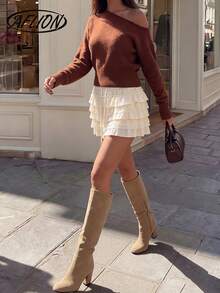 女士秋冬不对称肩部针织毛衣，时尚复古性感棕色套头衫，适合休闲、商务、朋友外出、音乐会、俱乐部、酒吧等场合。 - 棕色 - 查看 3