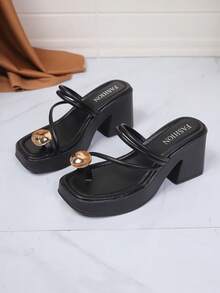 1双女士极简时尚厚底粗跟拖鞋，百搭高跟趾环套脚鞋，夏季新品 - 黑色 - 查看 5