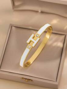 1pc 18K Gold Plated Enamel Letter H Bracelet, Stainless Steel Couple Bangle, Best Gift For Women On Valentine's Day, Mother's Day, Christmas, Graduation, Wedding (No Gift Box) - Letter H - View 9