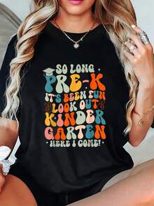 Camiseta de verano "Adiós a la graduación de preescolar, graduación de preescolar, jardín de infantes, aquí vengo", manga corta, cuello redondo, informal, para verano y primavera, ropa para mujer. - Negro - Ver 6