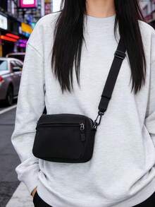 Bolso de cintura de lona de unicolor, estilo minimalista casual, bolso cruzado versátil para correr y deportes, bolso de pecho multifuncional de moda para mujer con bolsillo para teléfono - Negro - Ver 4
