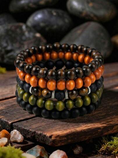 5件套波西米亚风个性化虎眼石串珠手链，适合男士日常佩戴