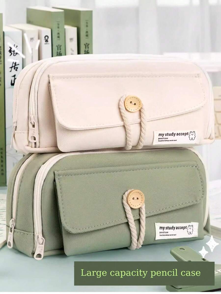 Estuche para lápices de gran capacidad con cuatro capas/Caja de lápices simple - Verde + bolígrafo + clip - Ver 1