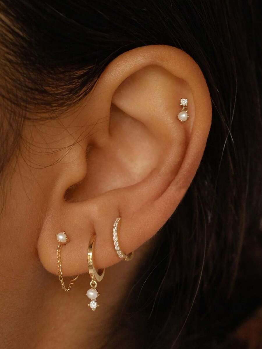4pairs Gold Plated Earrings For Women, Dainty Earring Stacks 14K Gold Plated Pearl Huggie Hoop Earrings For Women Small Cute Hypoallergenic Cartilage Earring Sets Fashion Jewelry Sets For Women - Gold - View 1