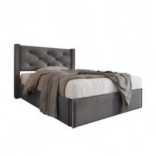 Upholstered Hydraulic Single Bed 90x200cm, Metal Slatted Base, Modern Bed Frame With Storage Space, Cotton, Grey - Grey - View 7