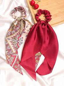 3 món khăn choàng dài bằng satin màu đỏ tía trơn và in hoa, dây buộc tóc, phụ kiện tóc, phong cách bohemian cổ điển, dự tiệc, chất liệu polyester, dùng được cả bốn mùa, dây chun buộc tóc, dây buộc tóc co giãn. - Màu Đỏ Sâu - Xem 2
