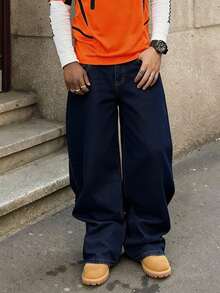 Loose-Fit Jeans, Men's Street Style Casual Cotton Denim Pants, Baggy Design, Washed Long Skateboard Jeans, Cargo Style, Blue Jeans, Streetwear, Y2K Fashion - Dark Wash - View 2