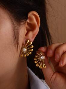 1 pereche cercei vintage cu perle false pentru femei, culoare aurie, oțel inoxidabil, cercei festonați, bijuterii pentru petrecere de ziua mamei, cadouri de Ziua Mamei - Aur - Vizualizare 14