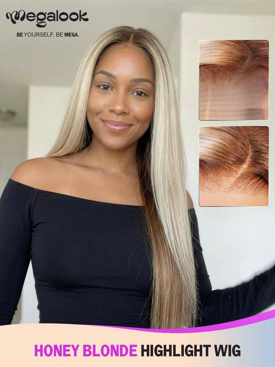 MEGALOOK 蜜金色挑染真人发假发 13x4 透明蕾丝前假发 女士直发渐变金色真人发假发 预先拔毛 可调节假发帽 自然发际线 直发波浪真人发假发 - 彩色 - 查看 1