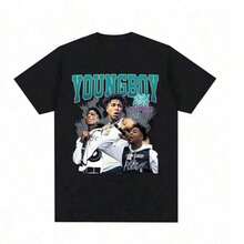 Black Cotton Casual T-Shirt For Women With Youngboy Graphic Print, Short Sleeve Round Neck, Regular Length Street Style For Everyday Streetwear Style Top - 黑色 10 - 查看 8