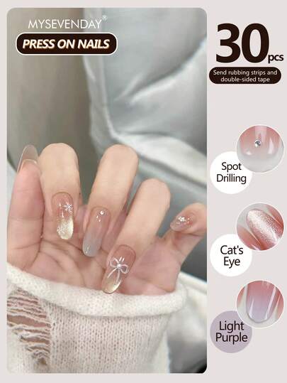 30 Pieces Press On Nails Almond/Long Full Coverage Nail Art With Snowflake Pattern And Pearl Sparkling Diamond Embellishment Decoration/Comes With Jelly Glue And Rubbing Strips Suitable For Aggregation, Reusable For Daily Use Using Can Enhance Your Temperament