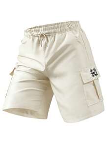 男士修身工装短裤，多口袋字母印花功能性休闲直筒裤 - 米色 - 查看 3