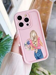 Fashionable, Popular, Personalized, Cartoon Back View Of Blonde Girl With Braided Hair Holding Bouquet Pattern Design Theme Luxury Shockproof Aesthetic Cute Phone Case, Soft-Touch Ultimate Grip, Waterproof & Durable, Dirt-Resistant, Bumper Cover With Camera Protection, Compatible With Iphone 17/17Pro/17Pro Max, 16 - Pink - View 2