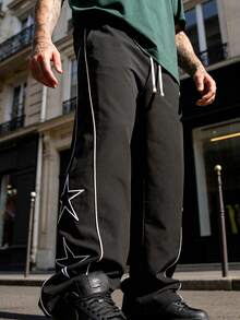 男士都市街头风运动裤 - 撞色条纹+星形刺绣设计 - 黑色 - 查看 2