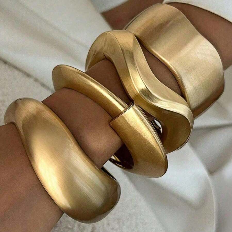 4pcs/1pc Punk Style Matte Wide Spring Clasp Bracelet, Asymmetric Metal Bracelet Design, Women Daily Party Accessory, Fashion Jewelry, Best Friend Gift